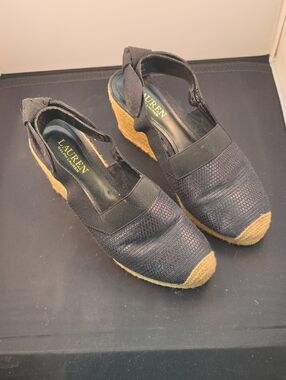 Lauren Ralph Lauren Helma Black Espadrille Wedge Slingback with Tan Jute Trim